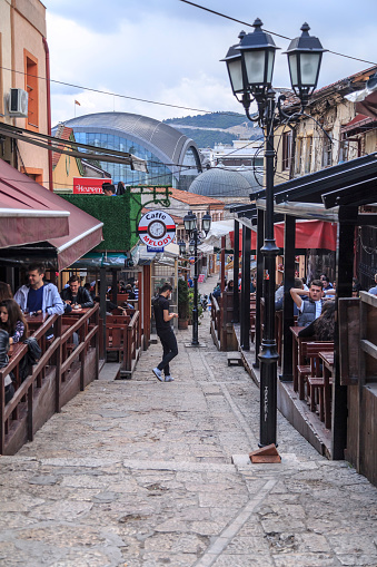 Skopje, Macedonia - April 4, 2017: Old Turkish bazaar and neighborhood of Skopje, the Macedonian capital. Named locally stara carsija, the bazaar reflects the Ottoman history of the city.