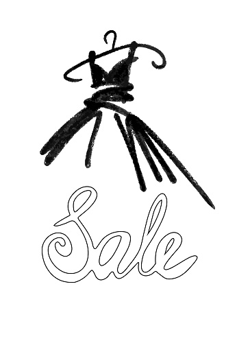 Fashion design vector illustration hand drawn. Woman dress isolated on white. Dress with Sale on hanger. Lettering.
