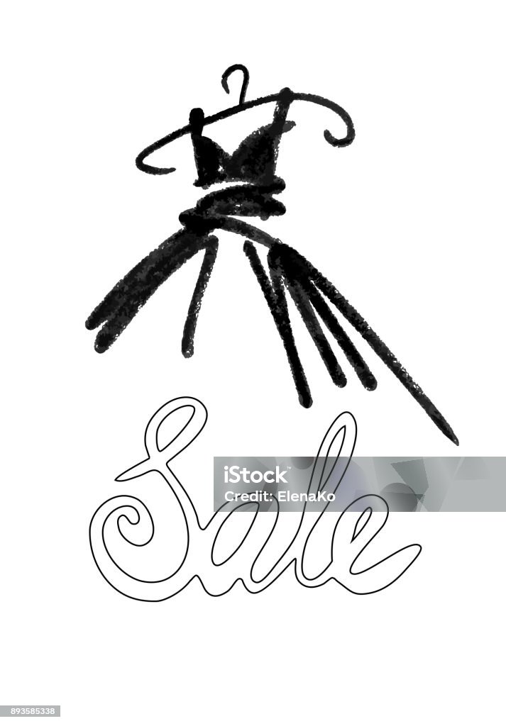 Fashion design vector illustration hand drawn. Woman dress isolated on white. Dress with Sale on hanger. Lettering. Dress stock vector