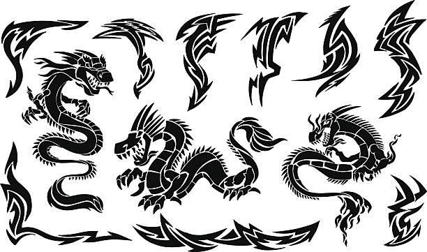 Iconic Dragons & Tribal Tattoo Designs vector art illustration
