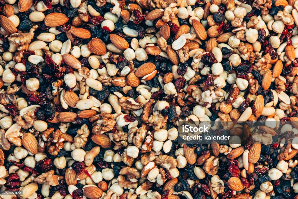 Mixed Nuts Background, Close-Up Nuts, berry fruit, nut - food, textured, background Trail Mix Stock Photo