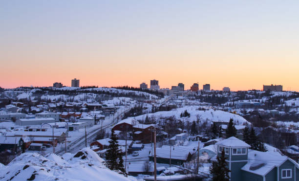 wintry landscape of Yellowknife wintry landscape of Yellowknife, Canada snowfield stock pictures, royalty-free photos & images