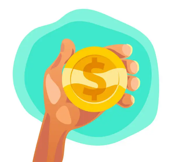 Vector illustration of Vector flat illustration of human hand holding golden coin with dollar sign