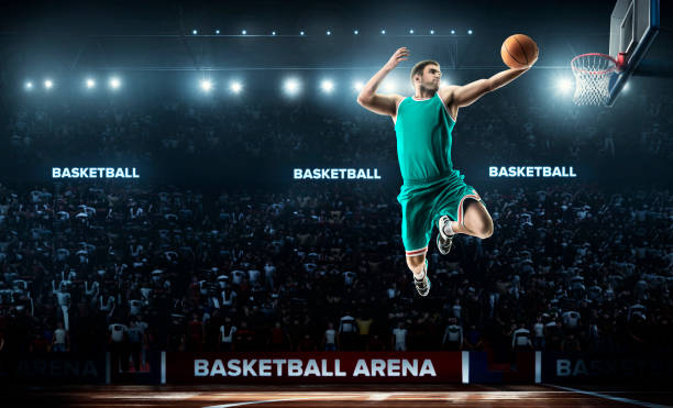 one basketball player jump in stadium panorama view