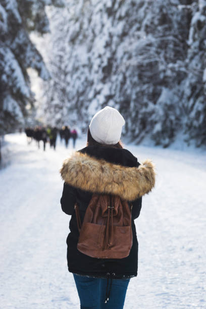 istock Young female giving back and looking left in a snow way 893600270