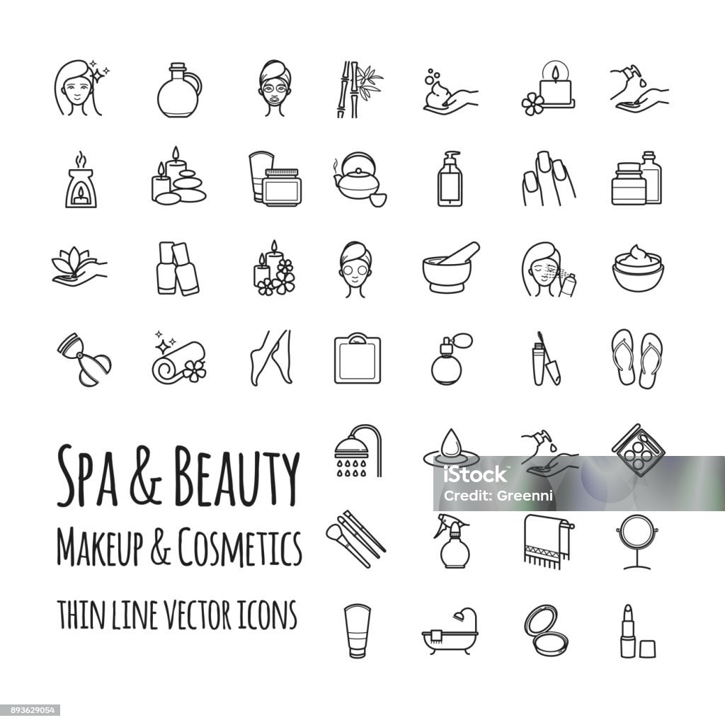 Spa, belleza, maquillaje y cosméticos delgada línea vector conjunto de iconos - arte vectorial de Belleza libre de derechos