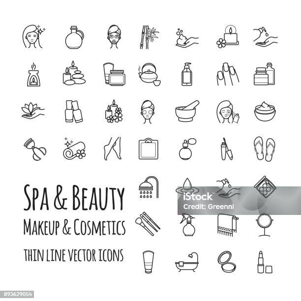 Spa Beauty Makeup And Cosmetics Thin Line Vector Icons Set Stock Illustration - Download Image Now