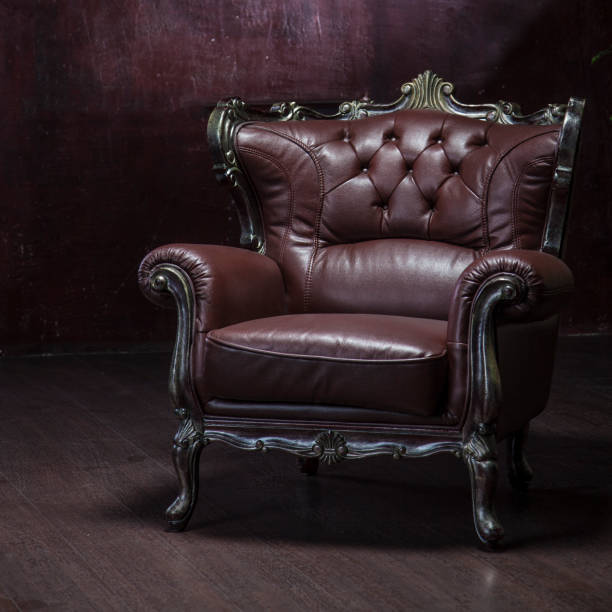 vecchia poltrona in pelle a brandelli - burnt furniture chair old foto e immagini stock