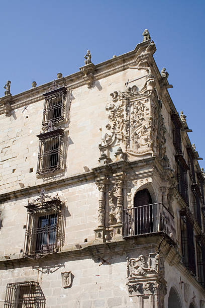 historic baroque carved heraldic shield Trujillo, Spain stock photo