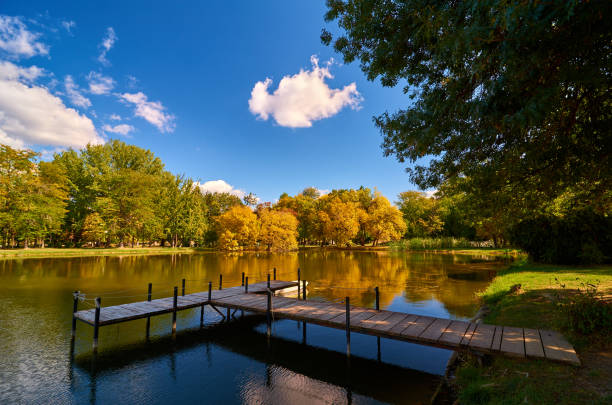 Magical beauty of the lake in a city park in autumn. stock photo