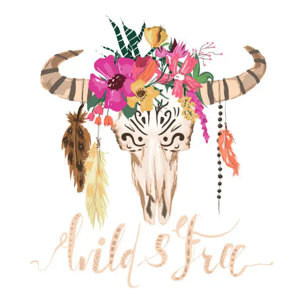 Vector illustration of Beautiful bull scull, hand drawn, vector watercolor illustration. Scull with flowers wreath and hanging feathers