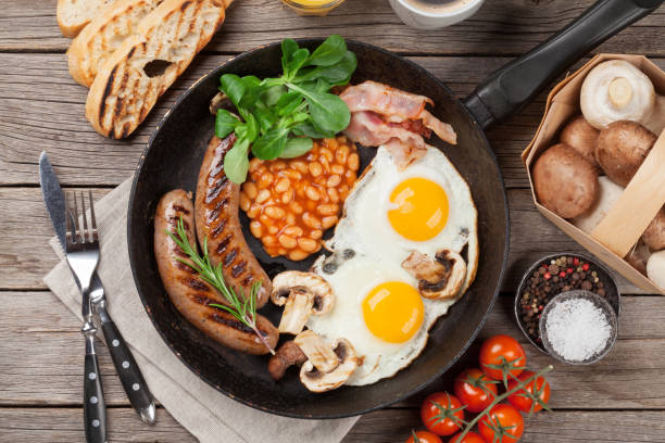 istock English breakfast. Fried eggs, sausages, bacon 893719338