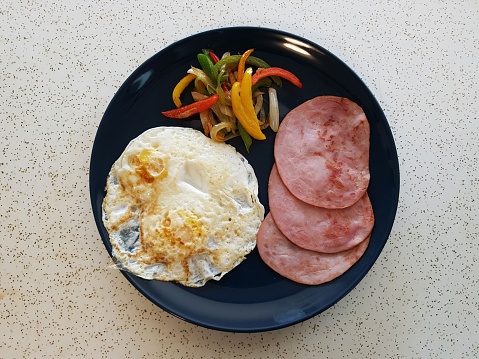 A blue plate with back bacon, over easy eggs and bell peppers