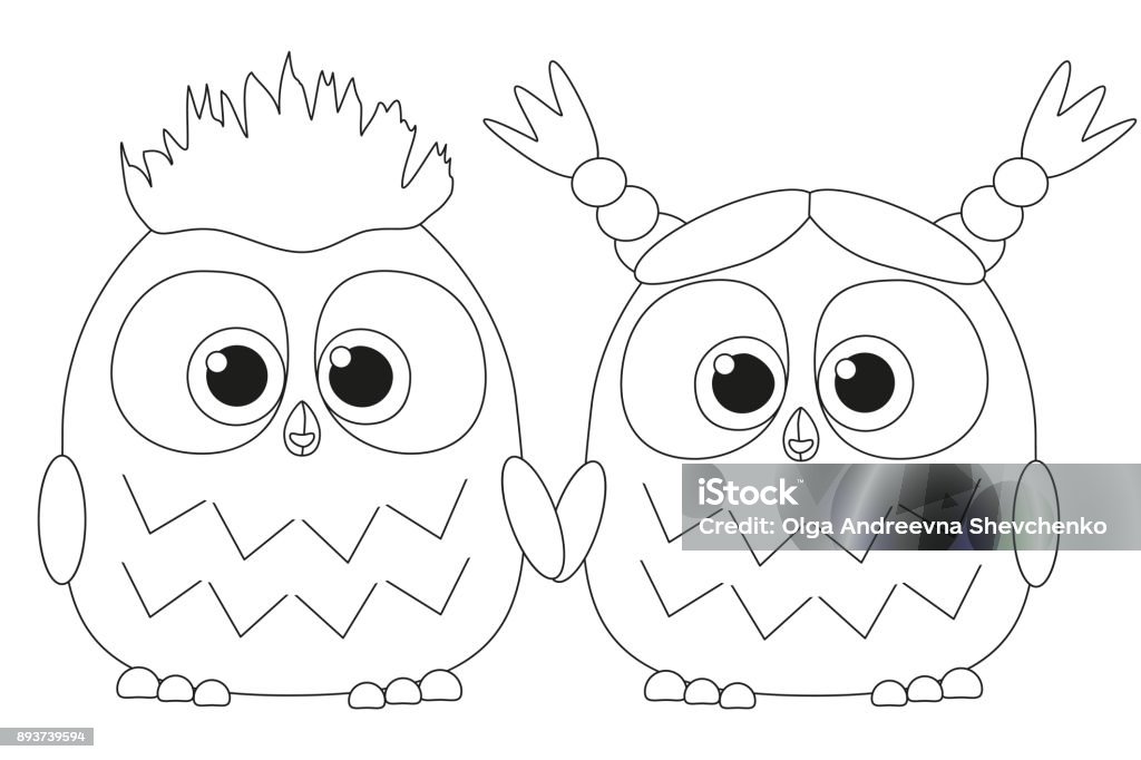 Black and white poster with an owl couple Black and white poster with an owl couple. Coloring book page for adults and kids. Valentine day romantic themed vector illustration for gift card, flyer, certificate or banner Coloring stock vector