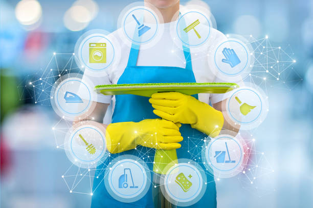 istock Cleaning lady with cleaning services icons . 893747726