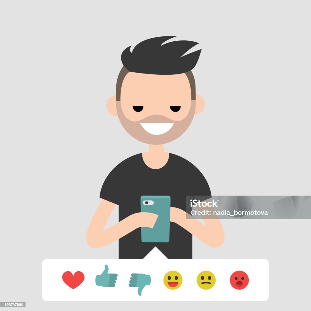 Millennial, conceptual illustration. Young character picking up the emoticon icon to rate the post in social media. Flat editable vector cartoon, clip art Millennial Generation stock vector