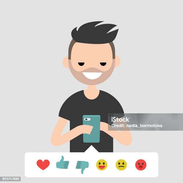 Millennial Conceptual Illustration Young Character Picking Up The Emoticon Icon To Rate The Post In Social Media Flat Editable Vector Cartoon Clip Art Stock Illustration - Download Image Now
