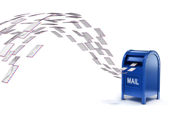 Letters flying into mail box 3d isolated illustration Letters flying into mail box 3d isolated illustration blue mailbox stock pictures, royalty-free photos & images