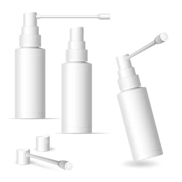 Vector illustration of Matte plastic bottle with long and short nozzle sprayer for oral spray. 60 ml. Photo-realistic packaging mockup template.