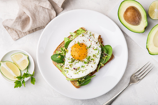 toast with avocado, spinach and fried egg, top view