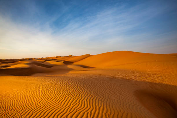 sand dune wave pattern desert landscape, oman stock photo