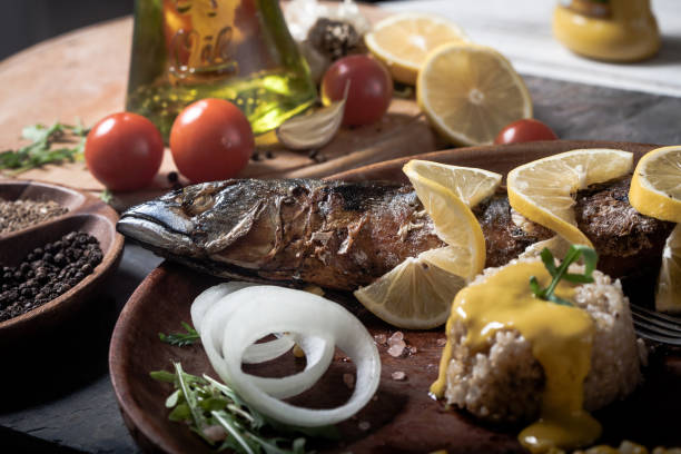 Grilled mackerel fish with rice