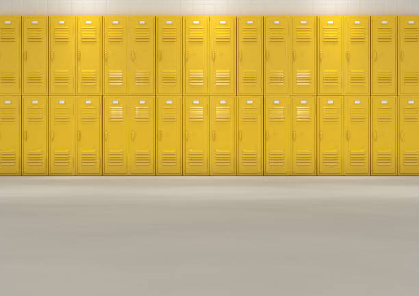 Yellow School Lockers A flat look at a well lit stack of yellow lockers in a school hallway - 3D render locker stock pictures, royalty-free photos & images