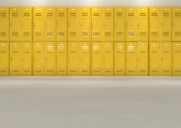 A flat look at a well lit stack of yellow lockers in a school hallway - 3D render