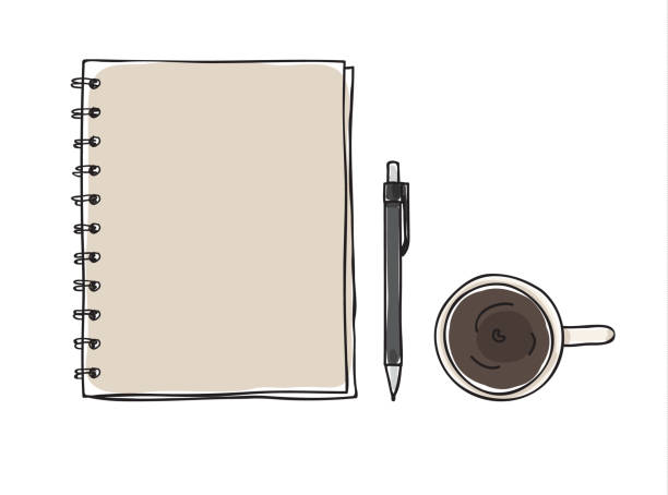notebook i pióro filiżanka do kawy sztuka ręcznie rysowane ilustracja wektorowa - book black isolated on white note pad stock illustrations
