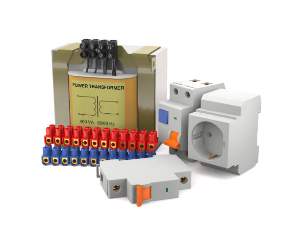 istock Power transformer, electrical switches, connecting pads (3d illustration). 893846212