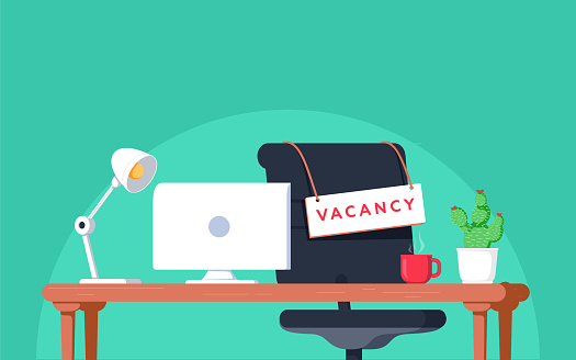 Office workplace with vacancy sign. Empty seat, chair in room for employee. Business hiring, recruitment concept. Vector illustration in flat style