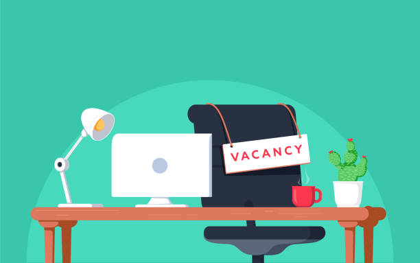 Office workplace with vacancy sign. Empty seat, chair in room for employee. Business hiring, recruitment concept. Office workplace with vacancy sign. Empty seat, chair in room for employee. Business hiring, recruitment concept. Vector illustration in flat style recruitment illustrations stock illustrations