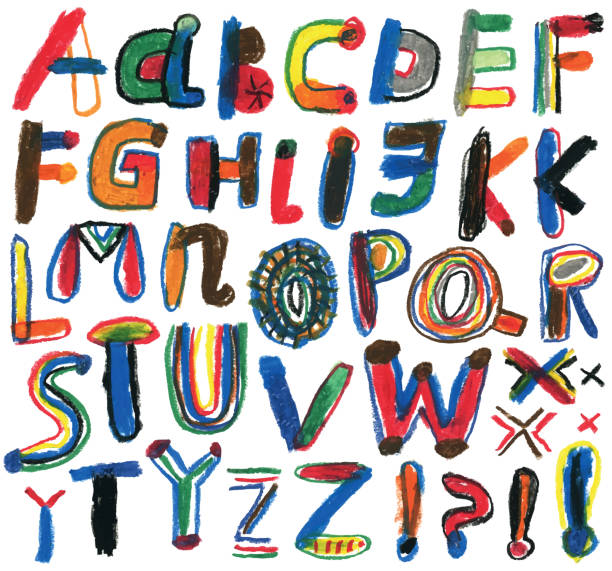 Set of hand drawn alphabet letters Hand drawn  alphabet. Drawn with oil pastels r i p stock illustrations