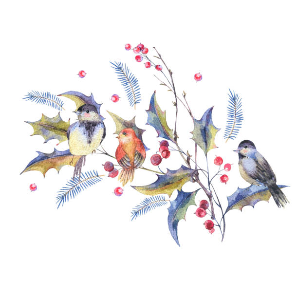 istock Watercolor Christmas greeting card with holly berries, birds 893880356