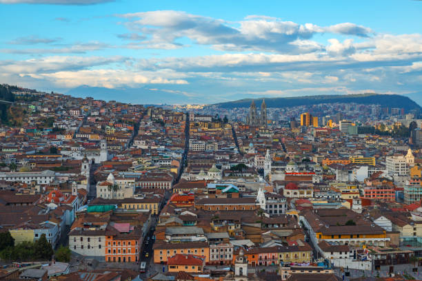 Quito, Ecuador, October 26, 2022: Aerial panoramic view of the Ecuadorian capital of Quito under cloudy sky.