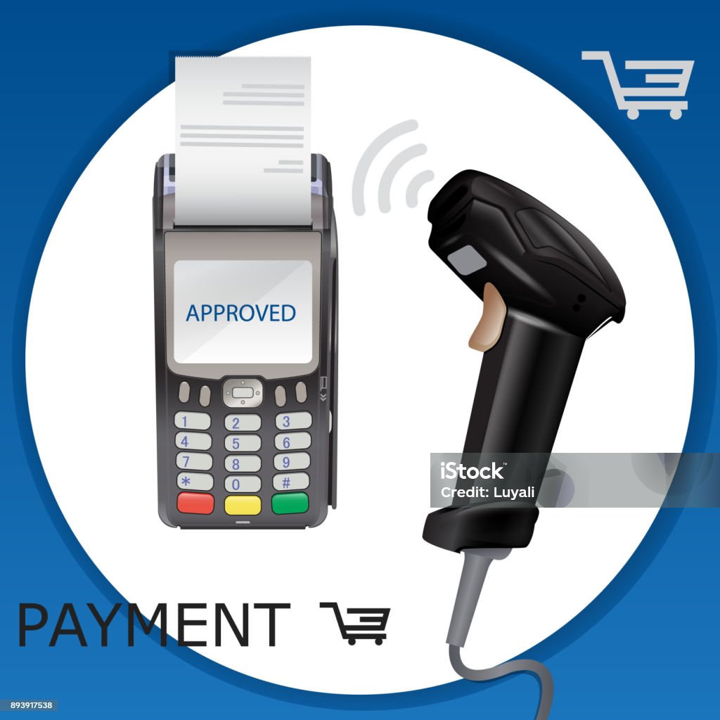 Retail Manual Handheld Laser Barcode Scanner And Pos Terminal Vector ...