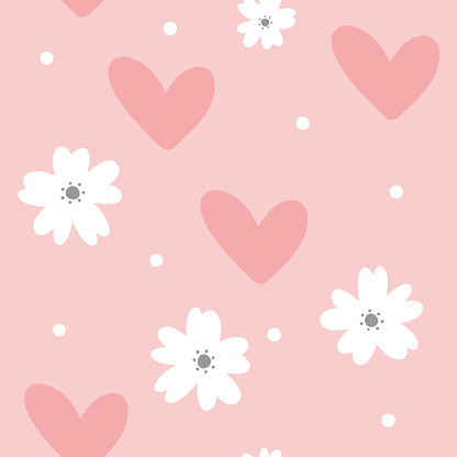 Cute feminine seamless pattern. Cartoon flowers, hearts and dots. Pastel colour. Vector illustration.