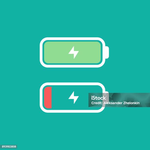 Full And Low Battery Level Concept Vectro Icon Simple Flat Design Battery With Thunder Icon Stock Illustration - Download Image Now