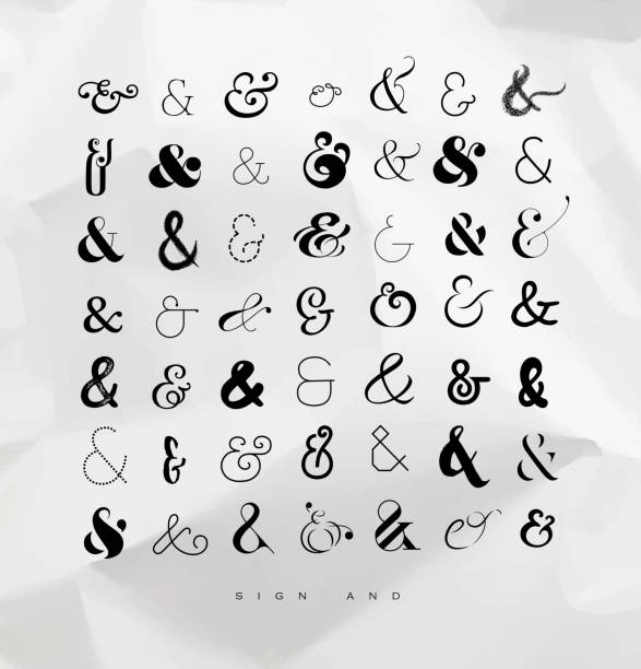 Set ampersands for letters Set of hand drawn decoration ampersands for letters and invitation drawing on crumpled paper background ampersand stock illustrations