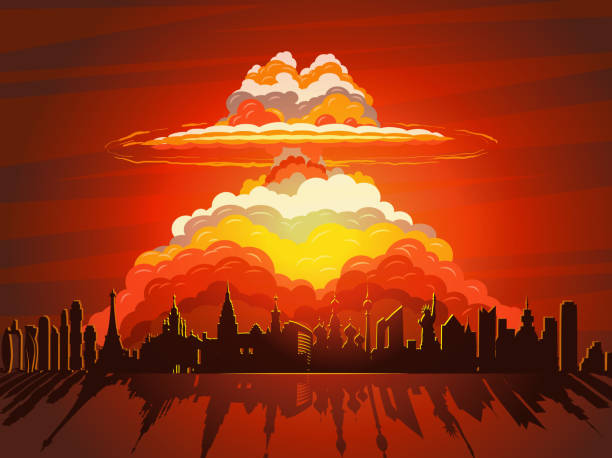 wybuch jądrowy, bomba atomowa spadająca na ziemię - duke stock illustrations