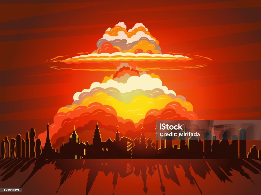 Nuclear explosion, atom bomb falling on Earth Nuclear explosion, vector illustration. Nuclear war, atom bomb falling on Earth Bombing stock vector