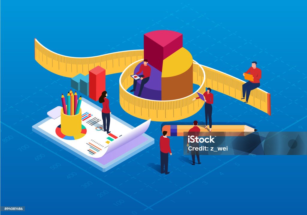 Isometrischen Datenstatistiken und Analysen - Lizenzfrei Messen Vektorgrafik