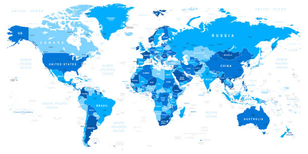 blaue world karte - topography globe usa the americas stock-grafiken, -clipart, -cartoons und -symbole