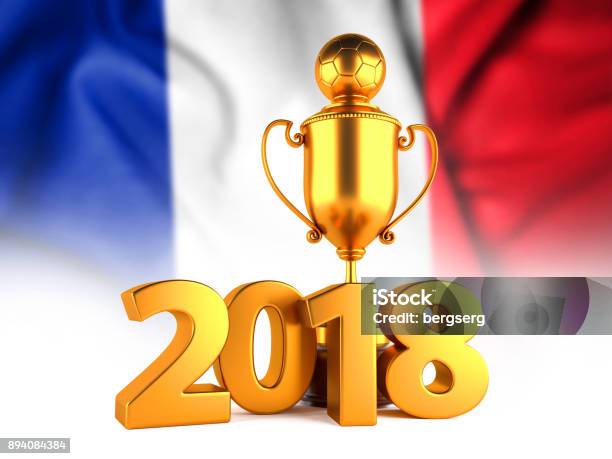 Foto de Futebol Vencedor Troféu De Ouro Com Texto De 2018 E A Bandeira Da França 3d Render e mais fotos de stock de 2018