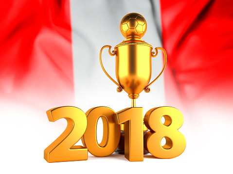 Sport Background with Sport Background with Golden Winner Trophy Cup and 2018 text against the national flag of Peru