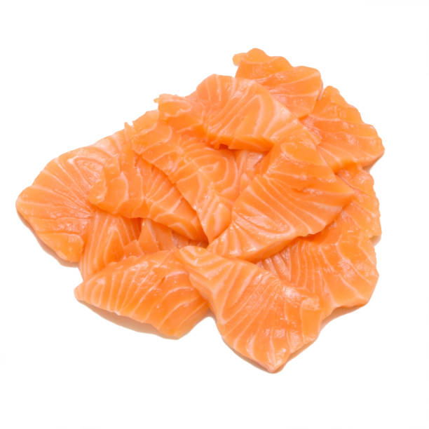 istock Group of Raw Sliced Salmon Isolated on White Background 894104246