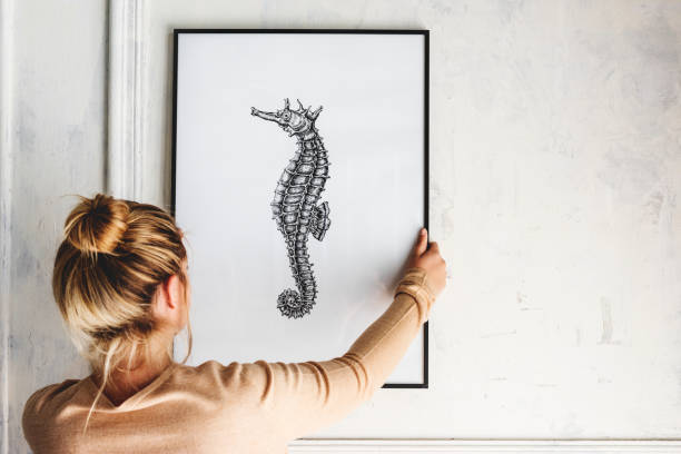 фотография ручного рисования морского конька висит на стене - живописный фотографии стоковые фото и изображения