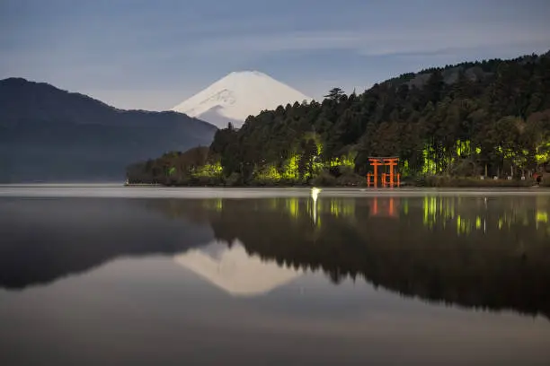 Mt.Fuji and Ashi lake at night time , the lake with Mount Fuji in the background is the symbol of Hakone , Kanagawa prefecture , Japan