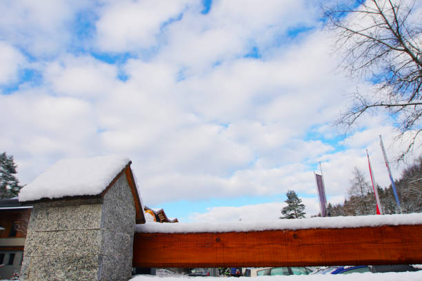 Val Manez in Italy. Snow in April on the mountain. Snow lies heavily on the branches.