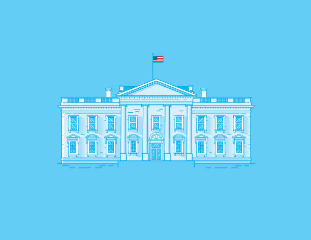 Simplified Illustration of the Whitehouse Simple illustration of the white in tones of blue and a flying American flag. american flag house stock illustrations
